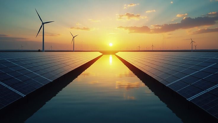 renewable energy landscape solar panels & wind turbines at sunset